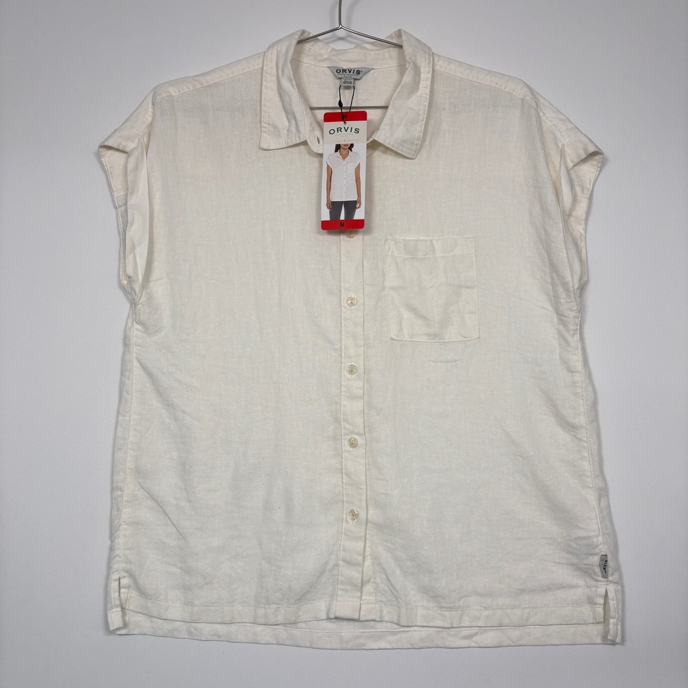 NWT Orvis Women Button Down Shirt Size M White Linen Blend Short Sleeve Pocket